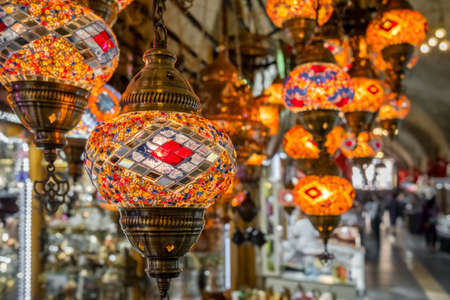 Colorful Turkish glass lamps at traditional Eastern Bazaar in Turkey.の写真素材