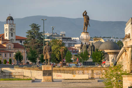 Warrior monument and other sculptures in Skopje city center in summerのeditorial素材
