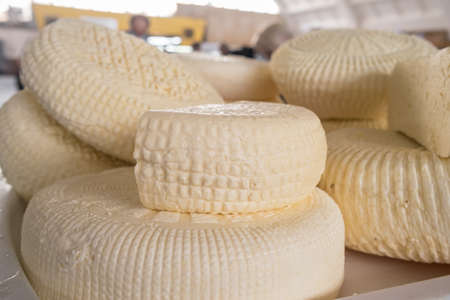 Closeup of piles of round homemade traditional cheese in the market in Georgiaの写真素材