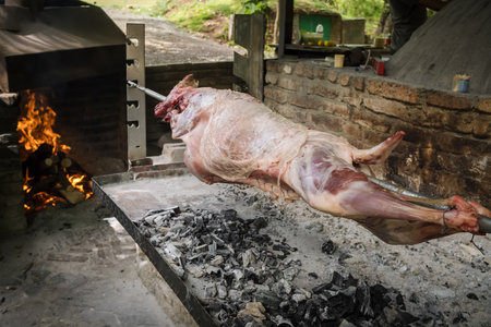 Spit roasting a whole lamb over hot coalsの写真素材