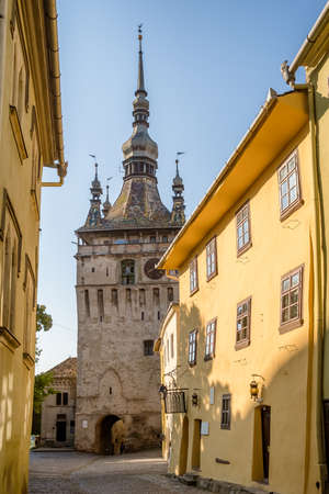 Street scene of medieval city Sighisoara in Transilvania, Romania.の写真素材
