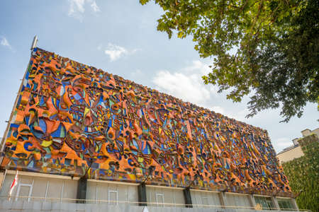 Colourful mosaic facade of Auditorium of the industrial technical college in Tbilisi, Georgiaのeditorial素材