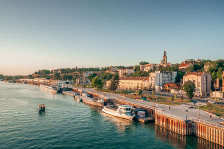 Belgrade cityscape with Cathedral and waterfront of Sava river at sunset, Serbiaのeditorial素材
