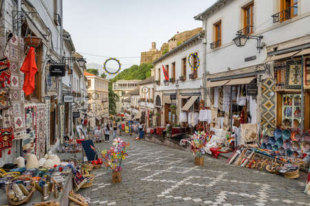 Souvenir shop in old town of Gjirokaster in Albania.のeditorial素材