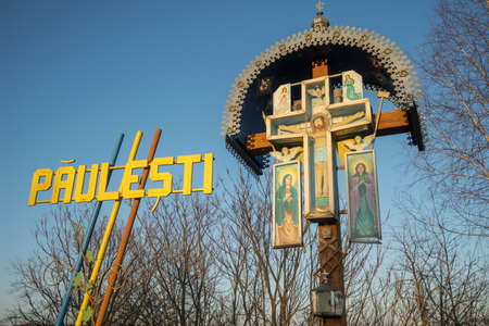 Crucifixion at the entrance to moldavian village Paulesti, Moldovaのeditorial素材