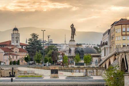Warrior monument and other sculptures in Skopje city center in summerのeditorial素材