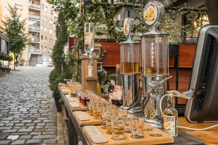 Street bar with traditional serbian homemade liqueurs in Belgrade, Serbiaのeditorial素材