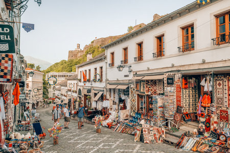 Souvenir shop in old town of Gjirokaster in Albania.のeditorial素材