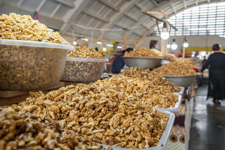 Peeled walnuts for sale close-up on the local food market in Georgiaの写真素材
