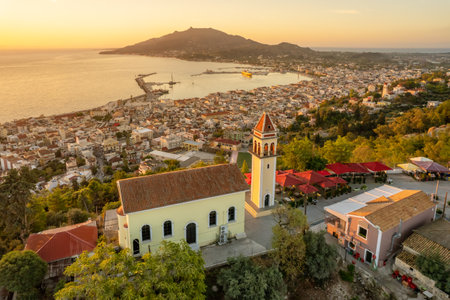 Aerial view of Zakynthos town at sunrise on Zante island in Greece.の写真素材
