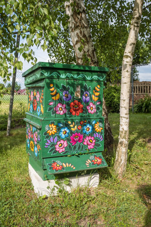 Hand decorated countryside beehives located in village Zalipie, Polandの写真素材