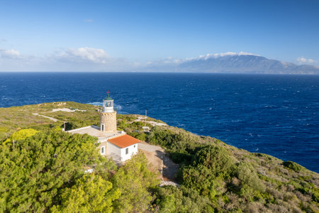 Aerial view of the Skinari Lighthouse on Zakynthos island in Greeceの写真素材