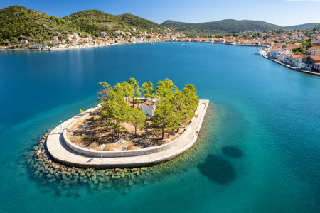Aerial view of Lazareto island on Ithaca island, Kefalonia, Ionian sea, Greeceの写真素材