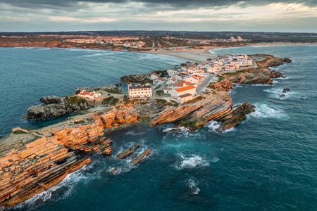 Aerial view of Baleal peninsula near Peniche town on the west coast of Portugalの写真素材