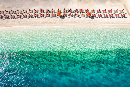 Aerial view of the Antisamos beach on Kefalonia island, Ionian island, Greeceの写真素材