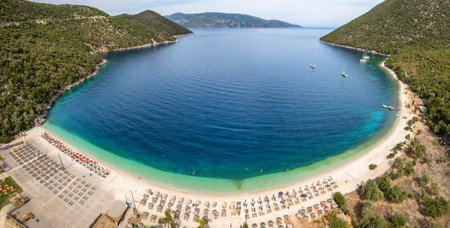 Aerial view of the Antisamos beach on Kefalonia island, Ionian island, Greeceの写真素材