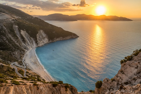 Sunset view of the famous Myrtos beach on Kefalonia island, Ionian sea, Greece.の写真素材