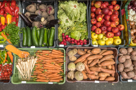 Variety of vegetables on the counter of vegetable market.の写真素材