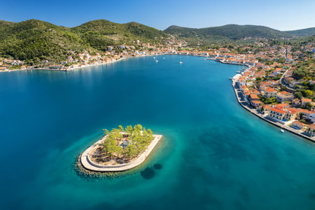 Aerial view of Lazareto island on Ithaca island, Kefalonia, Ionian sea, Greeceの写真素材