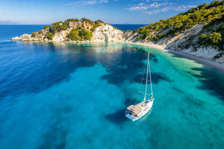 Aerial photo of a moored yacht boat in Itaca, Greeceの写真素材