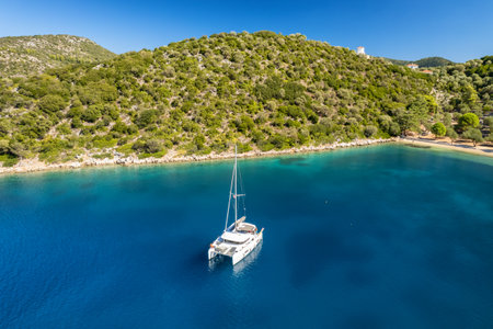 Aerial view of a moored yacht near Dexia beach on Itaca island, Greeceの写真素材