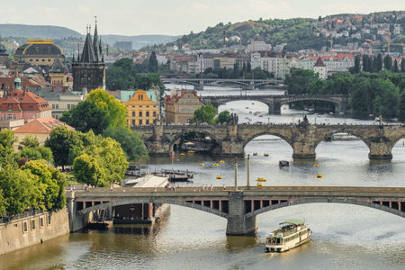 Prague old town cityscape with Charles bridge and Vltava river, Czech Republicの写真素材