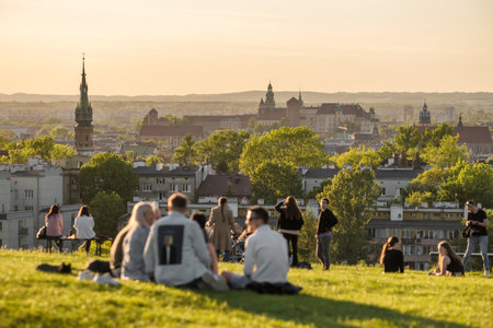 Krakus Mound with sunset view of Krakow old town, Poland.の写真素材