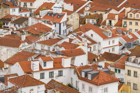 Aerial panoramic view of downtown of Lisbon at sunrise, Portugalの写真素材