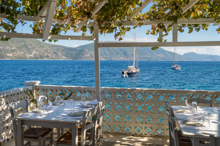 Beautiful outdoor sea view tavern on Kefalonia island, Greeceの写真素材