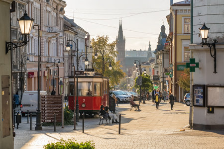 Old retro tram cafe in Tarnow old town at sunset, Polandのeditorial素材