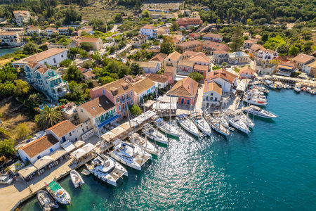 Aerial view of the picturesque Fiskardo village and port Kefalonia, Greeceの写真素材