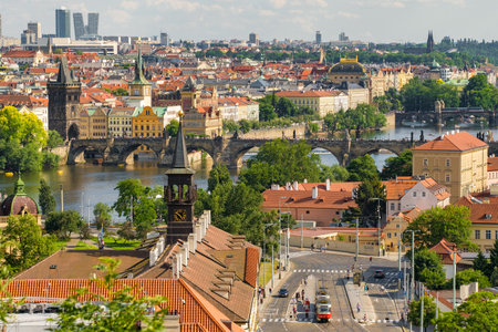 Prague old town cityscape with Charles bridge and Vltava river, Czech Republicの写真素材