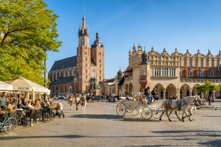 Krakow cloth hall and Saint Marys Basilica on the main market square in Cracow, Poland.のeditorial素材