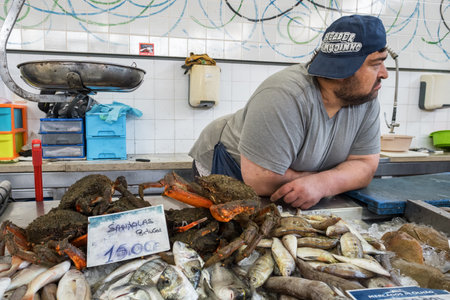 Fish and seafood section of the Olhao municipal market in Algarve, Portugal.のeditorial素材
