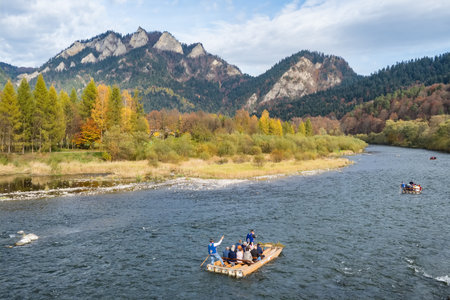 Traditional rafting on the Dunajec River on wooden rafts, Polandのeditorial素材