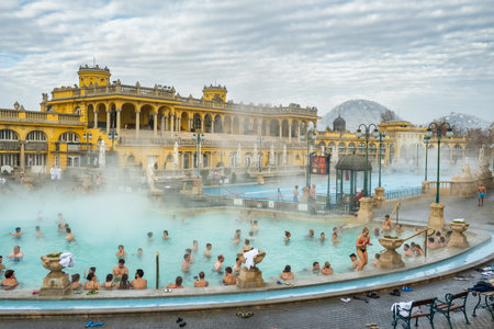 Szechenyi Baths in Budapest in Hungary on cold winter morningのeditorial素材
