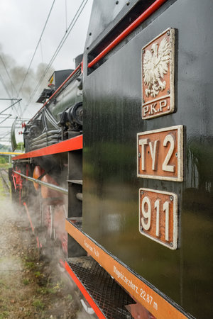 Emblem of Polish PKP Polish National Railways on a retro train.のeditorial素材