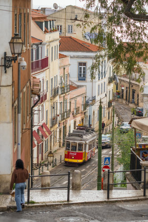 Traditional vintage Lisboa tram in old town, Lisbon, Portugalのeditorial素材