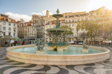 Fonte Norte do Rossio fountain in Lisbon city at sunset, Portugalのeditorial素材