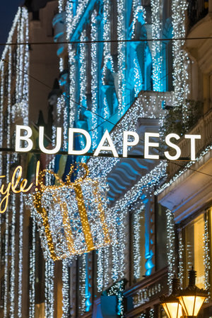 Beautiful Christmas scene with glowing Budapest word at night, Hungaryの写真素材