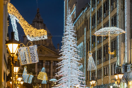 Beautiful Christmas season street scene with glowing Christmas tree in Budapestの写真素材