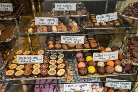 Traditional sweets shop with chocolate and marzipans in Vienna, Austria.のeditorial素材