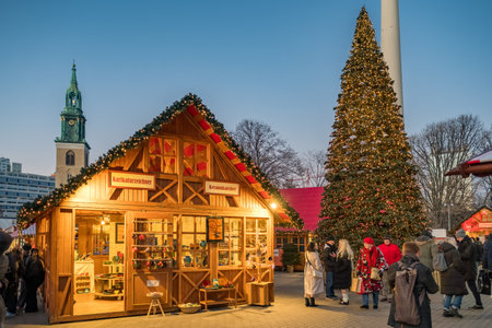 Christmas tree on Christmas market at Alexanderplatz in Berlinのeditorial素材