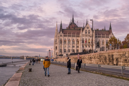 Budapest Parliament building at twilight in autumn, Hungary.のeditorial素材
