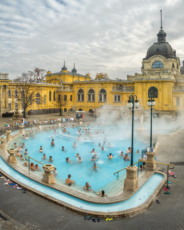 Szechenyi Baths in Budapest in Hungary on cold winter morningのeditorial素材