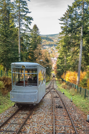 Retro cable train funicular in Krynica Zdroj town, Polandのeditorial素材