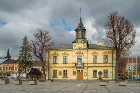 Town hall building at the main market square in Nowy Targ, Poland.のeditorial素材