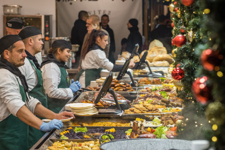 Street food stalls of the traditional Christmas market in Europeのeditorial素材