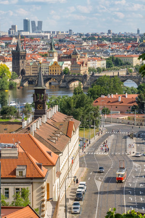 Prague old town cityscape with Charles bridge and Vltava river, Czech Republicの写真素材