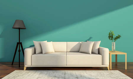 Cadet blue wall interior with sofa, floor lamp,indoor plant, side table, carpet and wood floor, 3D...